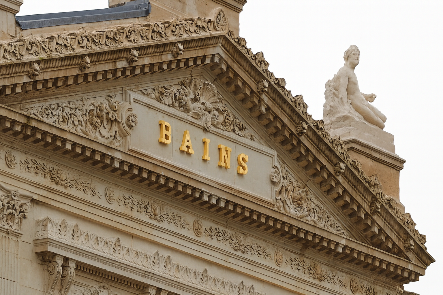 Façade néoclassique des anciens thermes de Spa avec l’inscription dorée “BAINS"