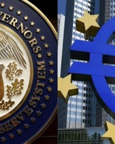 Image montrant le logo de la fed (réserve fédérale américaine) ainsi que le devant de la bce (banque centrale européenne)